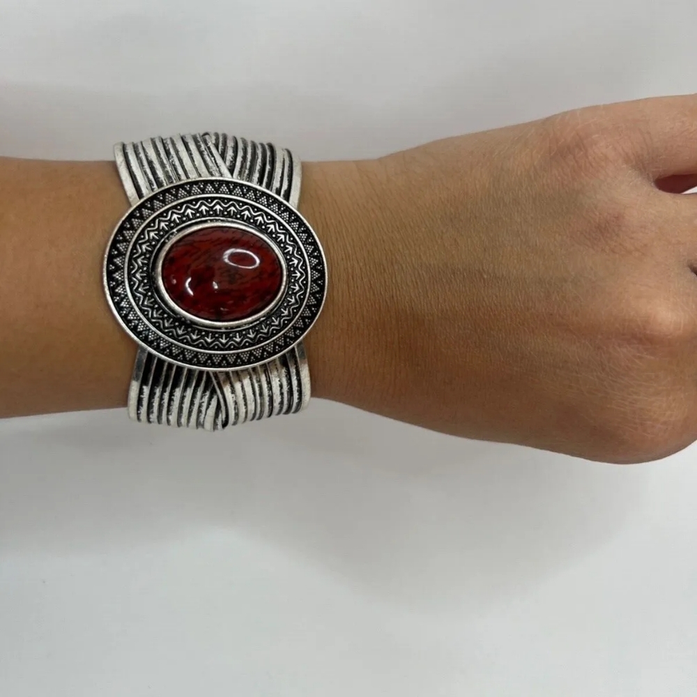 Premier Designs "Ignite" Red Spice Cuff Silvertone Bracelet SW Style
